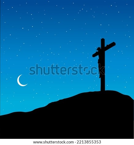 Abstract sacred saint divin prayer man person lord messiah passion pain spirit life. Holy hand draw art devote forgive dark black wood church grave icon sign even dusk blue starry heaven text space