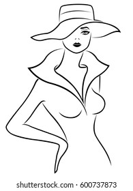 Abstract sad young lady in jacket and wide-brimmed hat, hand drawing vector outline