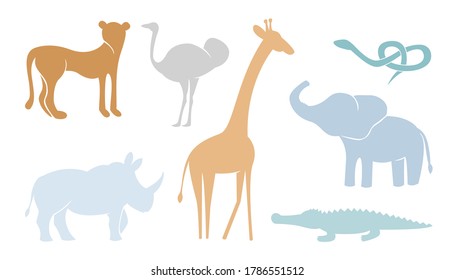 Abstract safari African animals vector set. Collection including giraffe, elephant, rhino, emu, snake, crocodile, cheetah.
Scandinavian minimalist childish illustration.