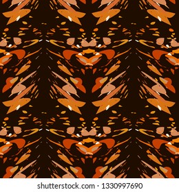 Abstract safari colors vector seamless pattern. Brown and arange spots and stripes on black background. Template for design, textile, wallpaper, wrapping, carpet, carton, print, banner, ceramic tile.
