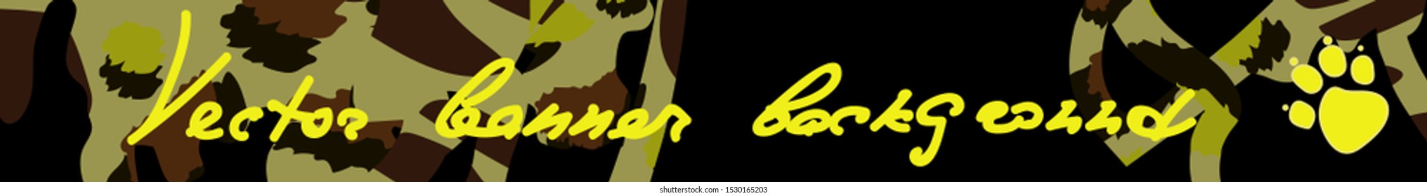 Abstract safari full banner template. Leopard style spots, animal paw and handwritten neon green lettering Vector banner template on black background. Stylish Brigt Vector web site banner.	