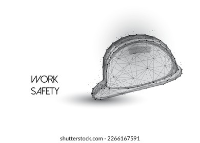 Casco de construcción de seguridad abstracto en un estilo poligonal bajo lineal, negro sobre fondo blanco. Concepto de seguridad en el trabajo. Ilustración vectorial de diseño de conexión de wireframe moderna.