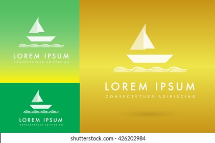 ABSTRACT SAILING BOAT ON WAVES , VECTOR LOGO / ICON , COLORS : GOLD, GREEN, YELLOW , WHITE