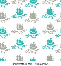 Abstract Sailing Ship and Sea Wave Vector Graphic Seamless Pattern can be use for background and apparel design