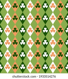 Abstract. Saint Patrick Day pattern seamless background. Design with shamrock for pillow, print, fashion, clothing, fabric, gift wrap, face mask. Vector.