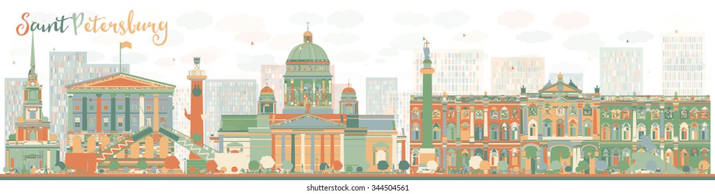 Abstrakte Skyline von Sankt Petersburg mit farbigen Wahrzeichen. Geschäftsreise und Tourismus Konzept mit historischen Gebäuden. Bild für Präsentation, Banner, Plakat und Website. Vektorgrafik