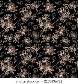 Abstract sakura blossom vector illustration. Floral seamless pattern in luxury mosaic jewelry style with gold and pale rose colors. Spring flowers decorative branch for surface design.