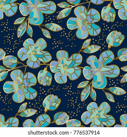 Dibujo del vector de la flor sakura abstracta. Diseño floral en estilo de joyería de mosaico de lujo con colores dorados y azules. Rama decorativa de flores de primavera para el diseño de la superficie.