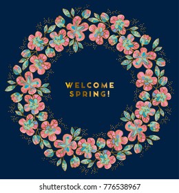 Abstract sakura blossom vector illustration. Floral pattern in luxury mosaic jewelry style with gold and pastel colors. Spring flowers decorative branch for surface design.