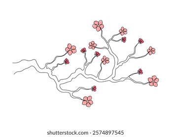 abstract sakura branch, blooming tree, spring cherry, continuous single one line art hand drawing sketch logo