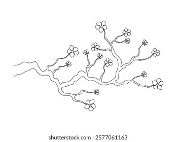 abstract sakura branch, blooming tree, spring cherry, continuous single one line art hand drawing sketch logo