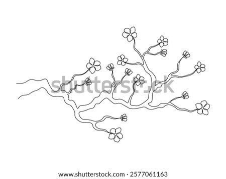 abstract sakura branch, blooming tree, spring cherry, continuous single one line art hand drawing sketch logo