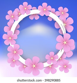 Abstract Sakura Floral Greeting card with circle shape frame.Trendy Design Template. Vector illustration.