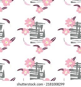 Abstract sakura flowers and hieroglyph pattern. Vector illustration. 