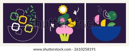 Abstract salad bowl and falling vegetable set. Decorative flat vector illustration with green veggies on black background. Greens icon. Funny colored poster, cover, menu design. Go vegan. Healthy food