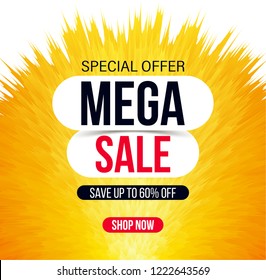 Abstract sale banner in bright yellow color for special offers, sales and discounts. 60% off. Vector colorful fluffy background
