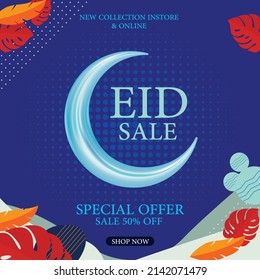 Abstract sale banner design celebration of Muslim community festival Eid Al Fitr. Discount banner with Spring Floral design, Blue Color, Special Eid Offer, New Collection, 50% Off discount offer
