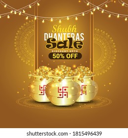 Abstract sale banner or poster for Dhanteras with gold coin pot  for Indian dhanteras and diwali festival.
