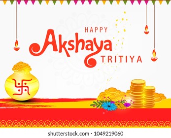 Abstract  Sale Banner Or sale Poster For Festival Of Akshaya Tritiya Celebration Background composed of festival elements like goddess laxmi, golden pot , coins and stylish text .