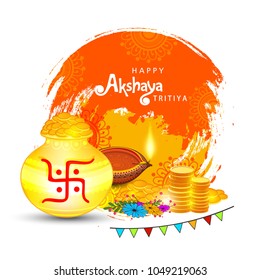 Abstract  Sale Banner Or sale Poster For Festival Of Akshaya Tritiya Celebration Background composed of festival elements like goddess laxmi, golden pot , coins and stylish text .