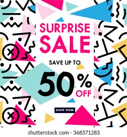 Abstract sale banner in retro 1980s and early 1990 s style. Surprise sale. Web banner or poster for e-commerce, on-line cosmetics shop, fashion & design store. Vector illustration. 