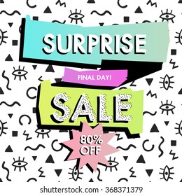 Abstract sale banner in retro 1980s and early 1990 s style. Surprise sale. Web banner or poster for e-commerce, on-line cosmetics shop, fashion & design store. Vector illustration. 