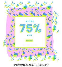 Abstract sale banner in retro 1980s and early 1990 s style. Surprise sale. Web banner or poster for e-commerce, on-line cosmetics shop, fashion & design store. Vector illustration.