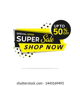 Abstract sale banner template design, up to 50%. Black yellow super sale banner template vector label shopping with flat style. Discount Banner Promotion Template. Vector