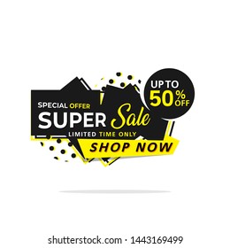 Abstract sale banner template design, up to 50%. Black yellow super sale banner template vector label shopping with flat style. Discount Banner Promotion Template. Vector