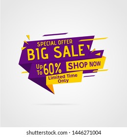 Abstract sale banner template design, up to 60%. Purple yellow big sale banner template vector label shopping with flat style. Discount Banner Promotion Template. Vector