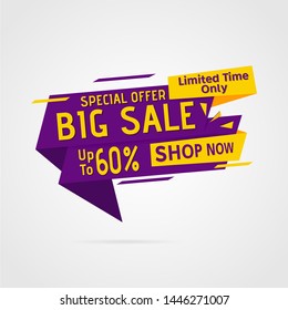 Abstract sale banner template design, up to 60%. Purple yellow big sale banner template vector label shopping with flat style. Discount Banner Promotion Template. Vector