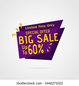 Abstract sale banner template design, up to 60%. Purple yellow big sale banner template vector label shopping with flat style. Discount Banner Promotion Template. Vector