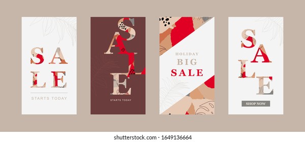 Abstract sale collection banners. Editable Stories vector template pack. Set of social media frames. Layout for business story (fashion, beauty, ets.): new arrival, new collection, sale, announcement.