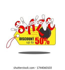 Abstract sale discount banner, bowling ball strikes pins on yellow price tags with lettering Price discount up to 50 percentage. flat vector design isolated on white background.