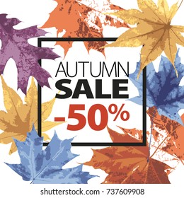 Abstract sale illustration. Autumn sale vector grunge template with lettering. Colored fall leaves. Black ink text. 50 percent off