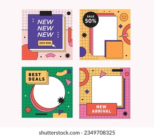 Abstract sale in retro 1980s and early 1990 s style. Post series for e-commerce, on-line cosmetics shop, fashion design store. Shop now, sale, best deals and new arrival vector illustration series.