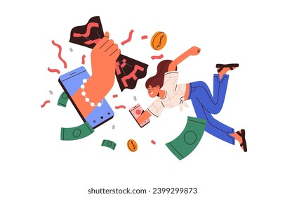 Abstract sales concept. Customer catch discounts, gifts on Black friday. Woman spend money on online shopping, purchase in internet store by smartphone. Flat isolated vector illustration on white