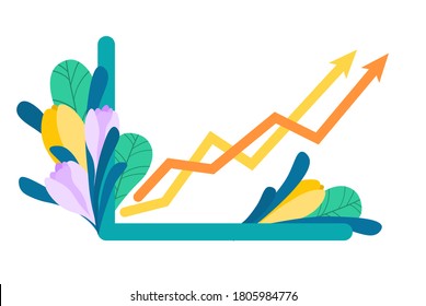 Abstract sales graph is growing. Two curves up. Business. Infographics of the growth of financial indicators. Flowers and spring. Vector illustration