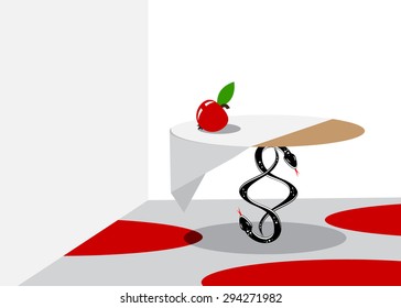  An abstract sample of an interior, a table with couple of snakes and red apple