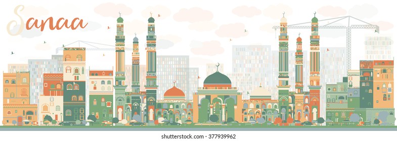 Abstract Sanaa (Yemen) Skyline with Color Buildings. Vector Illustration. Business Travel and Tourism Concept with Historic Buildings. Image for Presentation Banner, Placard and Web Site.