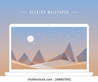 abstract sand desert with triangular mountains, night scenery landscape in low polygon geometric style- desktop wallpaper design