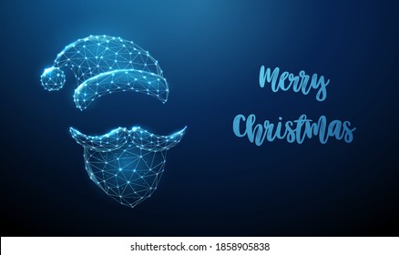 Abstract Santa Claus wear with beard, mustache and hat. Low poly style design. Merry Christmas card. Modern 3d graphic geometric background. Wireframe light connection structure. Vector illustration