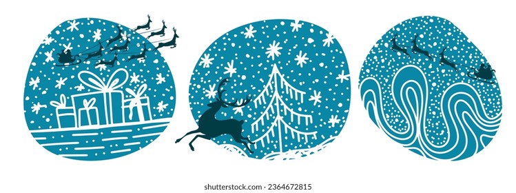 Abstract Santa flies in a sleigh with reindeers. Illustrat3. Vector illustration