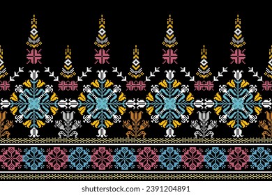Abstract sari border ethnic pattern flower design. Aztec fabric boho mandalas textile wallpaper. Tribal native motif African American sari elegant embroidery vector background 