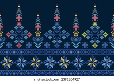 Abstract sari border ethnic pattern flower design. Aztec fabric boho mandalas textile wallpaper. Tribal native motif African American sari elegant embroidery vector background 