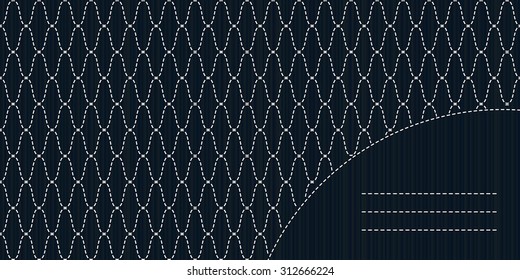 Abstract sashiko background with copy space for text. Japanese handiwork invitation. Text frame. Abstract Japanese needlework. Decorative texture.