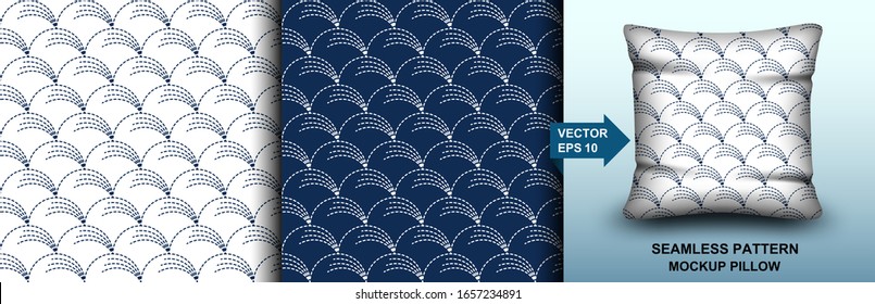 Abstract . Sashiko seamless pattern. line indigo and white background. design for pillow, print, fashion, clothing, fabric, gift wrap. mockup template pillow seamless pattern. Vector.