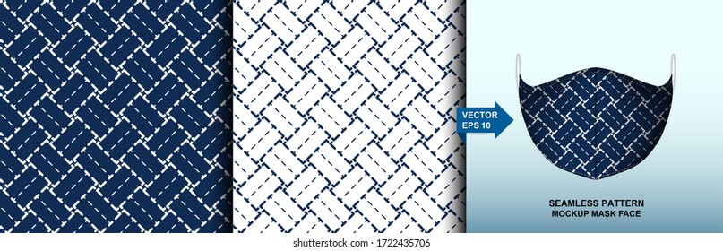 Abstract . Sashiko seamless pattern. line indigo and white background. design for pillow, print, fashion, clothing, fabric, gift wrap. mockup template mask face seamless pattern. Vector.