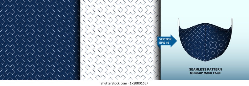 Abstract . Sashiko seamless pattern. line indigo and white background. design for pillow, print, fashion, clothing, fabric, gift wrap. mockup template mask face seamless pattern. Vector.