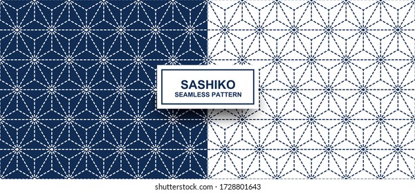 Abstract. Sashiko seamless pattern. line indigo and white background. design for pillow, print, fashion, clothing, fabric, gift wrap. Vector.
